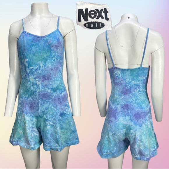VTG 90's Purple/Blue/Green Tie Dye Spaghetti Strap Next Exit Romper Sm - Picture 1 of 10